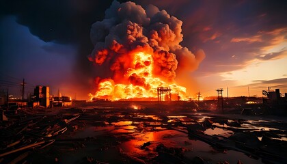 Obraz premium Massive industrial fire at sunset