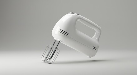 An Elegant White Electric Hand Mixer Isolated on a Clean Grey Background, Ready for Baking and Kitchen Tasks