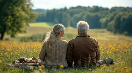 Elderly couple enjoying a serene moment in a flower-filled meadow nature photography peaceful environment back view