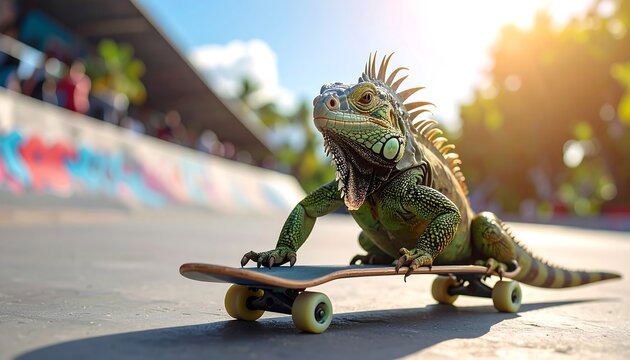 Lizard skateboarding in a skatepark
