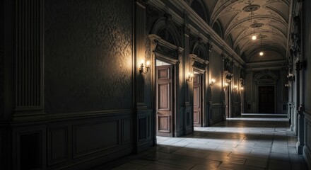 Opulent corridor with classic architecture and inviting door ways beckoning entry