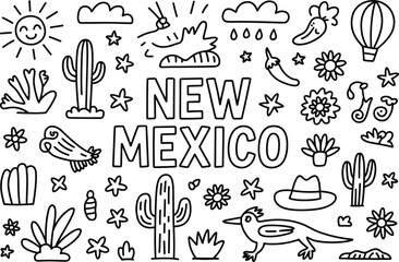 New Mexico themed doodle art with desert elements and text drawing illustration