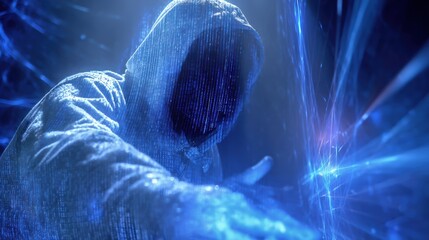 A hooded figure in a digital, blue-toned environment symbolizes hacking or cybercrime with a mysterious, faceless presence