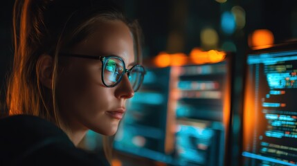 A focused woman wearing glasses works intently at a computer with code on multiple screens in a dimly lit environment