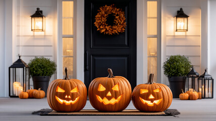 Jack-o'-lanterns pumpkins on the background of a house. Halloween door decor.