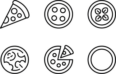 Pizza Icons Set Slice Whole Toppings and Crust Outline Graphics vector illustration