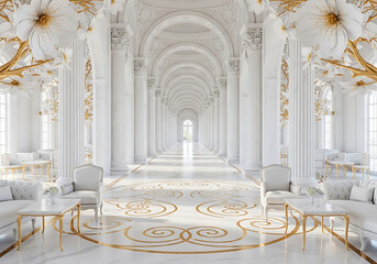 Obraz premium Opulent White and Gold Hallway with Floral Accents