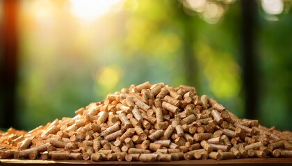 Obraz premium Close Up Of A Pile Of Wood Pellets Against A Blurred Green Forest Background Sunlight Shining