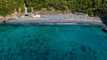Aerial view of Cala Jannita beach located in Maratea. It's also known as the Black Beach. It's a popular seaside resort overlooking the Mediterranean Sea in the province of Potenza, Basilicata, Italy. © Stefano Tammaro