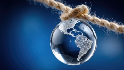 A crystal globe of the world, suspended delicately by a rope, against a deep blue backdrop, showcasing intricate detail and a sense of quiet contemplation.
