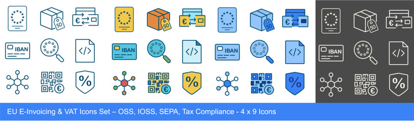 Set of 9 EU vector icons about e-invoicing and VAT: OSS, IOSS, SEPA, IBAN, VAT ID, e-invoice, PEPPOL, QR code, tax rate. Includes 4 styles: dark outline, white outline, duotone blue, color