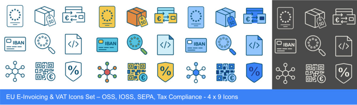 Set of 9 EU vector icons about e-invoicing and VAT: OSS, IOSS, SEPA, IBAN, VAT ID, e-invoice, PEPPOL, QR code, tax rate. Includes 4 styles: dark outline, white outline, duotone blue, color