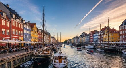 Fototapeta premium Picturesque Nyhavn harbor with colorful buildings and boats in Copenhagen