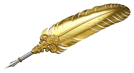 Ornate golden quill pen with intricate details on transparent background ornate details This