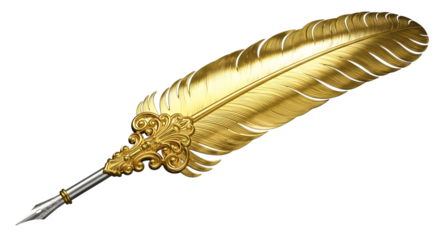 Ornate golden quill pen with intricate details on transparent background ornate details This