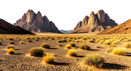 Dramatic Desert Landscape with Jagged Peaks and Tumbleweeds on Transparent Background dramatic desert