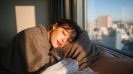 A woman peacefully naps by a sunlit window, wrapped in a cozy blanket, with a cityscape view in the background