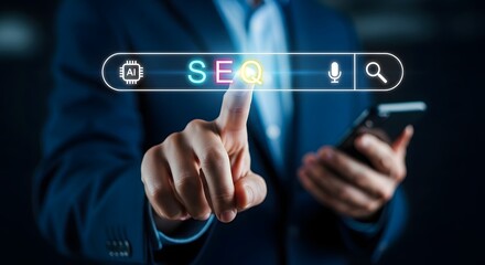 Businessman using digital search bar hologram