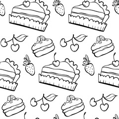 Seamless outline pattern of cakes decorated with strawberries and cherries. Great for coloring pages, wrapping paper, kitchen decor, packaging, patisserie. Vector doodle illustration.