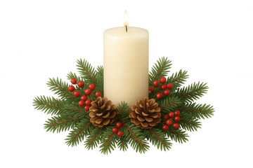 Festive christmas candle with pinecone and berry decoration on evergreen branches isolated on transparent background