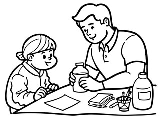 Father and Child Crafting Together A Black and White Illustration of Bonding and Creativity on white background