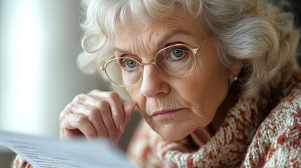 Senior woman reading important document at home thoughtful expression indoor setting close-up perspective