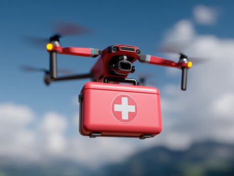A red drone carries a medical first aid kit through the sky, illustrating modern emergency response technology in action