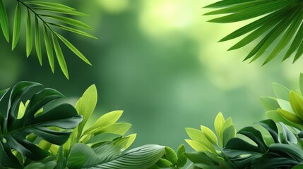 Obraz premium Tropical green leaves frame a vibrant, blurred background, creating a lush, natural, and refreshing jungle atmosphere