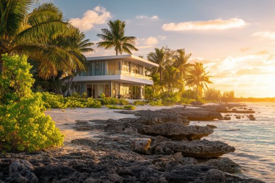 Modern beachfront house surrounded by palm trees and lush greenery at sunset, overlooking a tranquil rocky shore and calm ocean waters