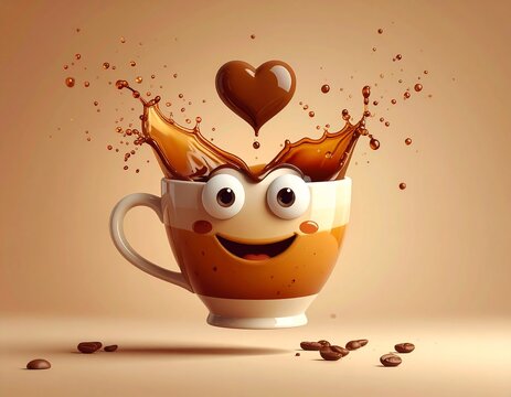 A whimsical cartoon coffee cup with a smiling face and a heart-shaped chocolate floating above, with splashes.