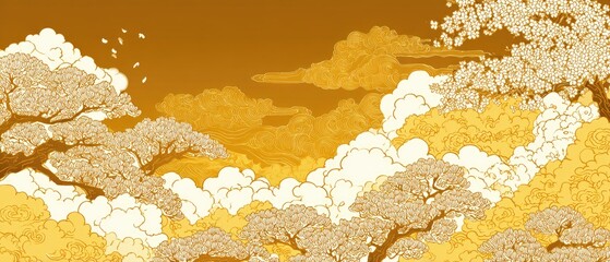 A stylized, serene landscape depicts blossoming trees amidst clouds in a warm, golden hue.
