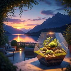 Serene mountain lake sunset with a beautiful terrarium garden on a patio