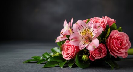 Beautiful Pink Roses and Alstroemeria Flower Arrangement with Green Leaves