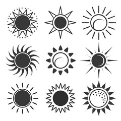 Minimalist Sun Icons Set – Black Solar Symbol Collection with Abstract Rays