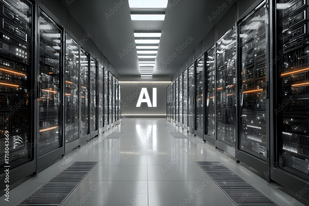 Aufkleber inside a dynamic data center with a central ai sign, illustrating the role of artificial intelligenc