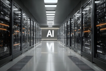 Inside a dynamic data center with a central AI sign, illustrating the role of artificial intelligence in enhancing data processing and storage solutions.