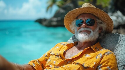 Relaxing senior man by tropical beach paradise island lifestyle photography sunny environment calm viewpoint