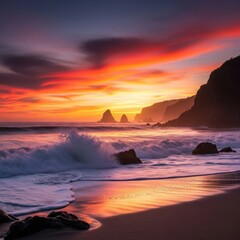 Vibrant Sunset Over Rugged Coastal Cliffs With Crashing Waves