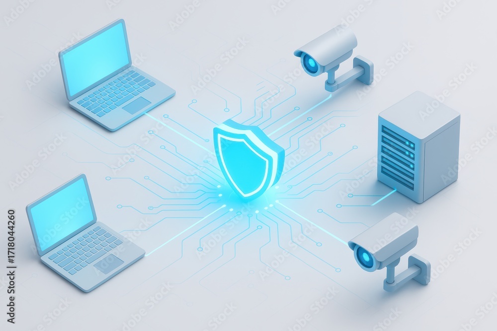 Poster digital fortress: a network of computers and security cameras converge, surrounding a glowing shield