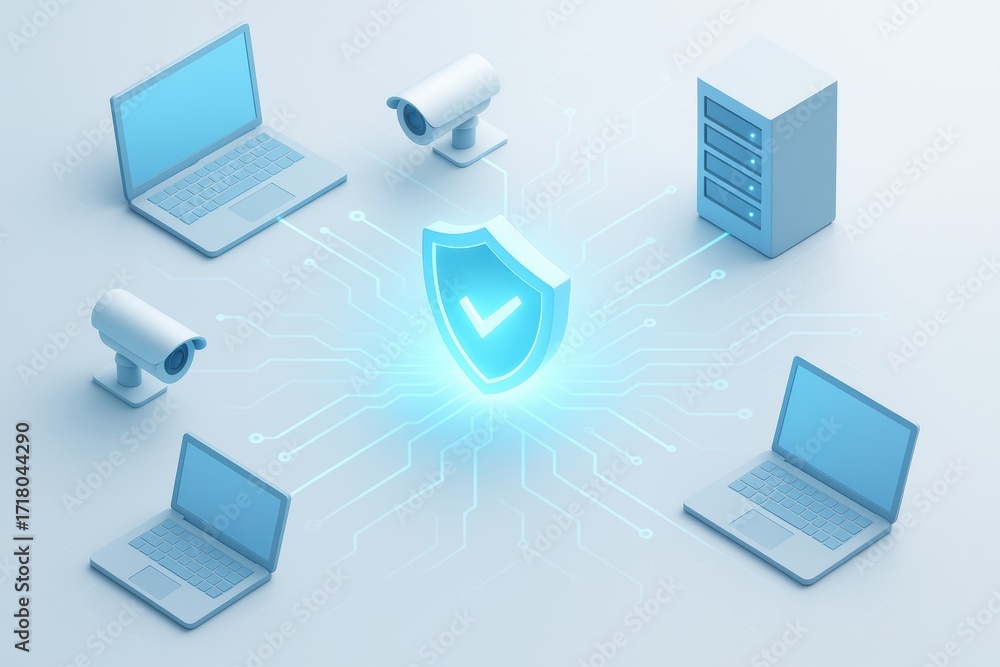 Poster cyber shield: an illustration of cybersecurity, featuring a glowing shield at the center, surrounded