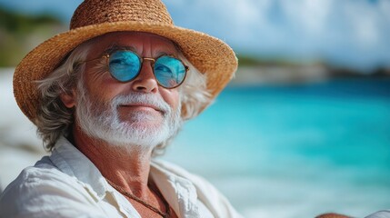 Relaxing senior man with sunglasses on tropical beach portrait photography calm environment close-up view