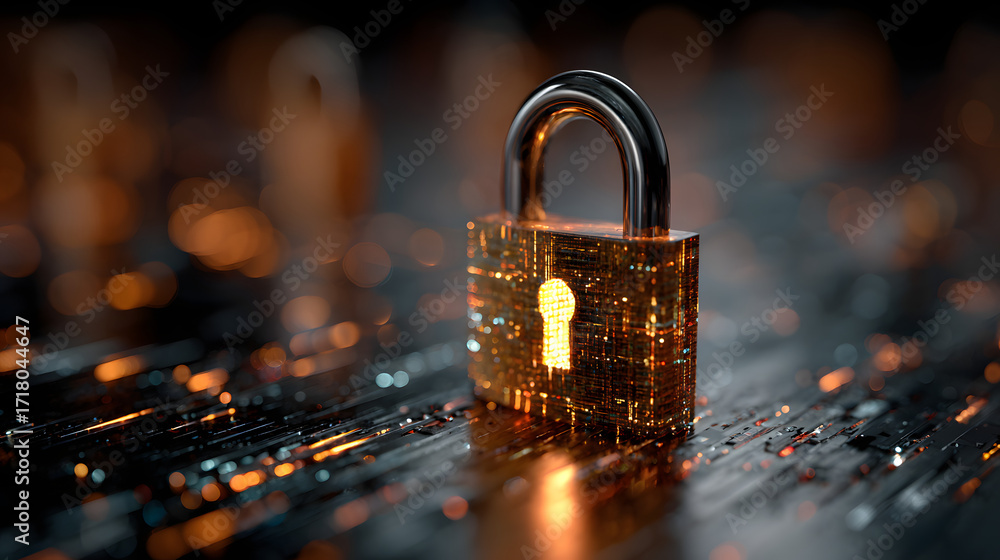 Poster a glowing padlock surrounded by vibrant digital data streams, symbolizing cybersecurity and data pro