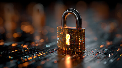A glowing padlock surrounded by vibrant digital data streams, symbolizing cybersecurity and data protection in a modern, high-tech environment