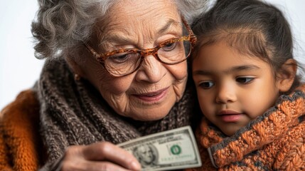 Elderly woman teaching child the value of money home setting portrait photography warm environment close-up family bonding