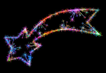 Kolorowe zimne ognie i fajerwerki układające się w kształt kolorowej Gwiazdy betlejemskiej na ciemnym tle. © Blue Pixel