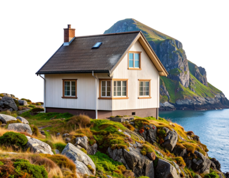 Aerial Perspective of Small House on Sea Cliff Surrounded by Morning Mist, Transparent Background”