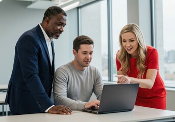 Obraz premium Diverse colleagues collaborating enthusiastically around a laptop displaying project success in a modern workspace setting