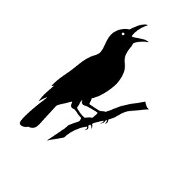 Obraz premium Minimalist black silhouette vector icon of a crow perched on a branch with open beak, symbolizing mystery, nature, and wildlife, isolated on a transparent background