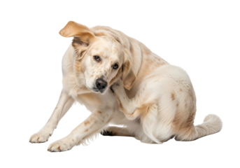 A light cream-colored dog sits with its head down, scratching itself, against a stark black background.