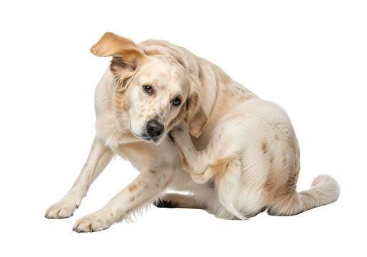 A light cream-colored dog sits with its head down, scratching itself, against a stark black background. - Powered by Adobe